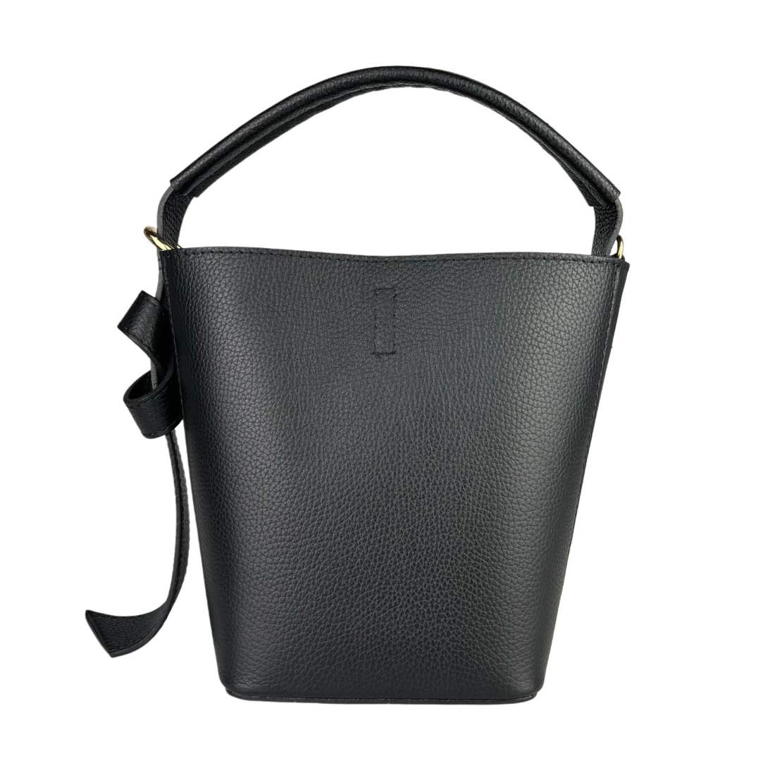 Borsa a secchiello vera pelle con tracolla - nera
