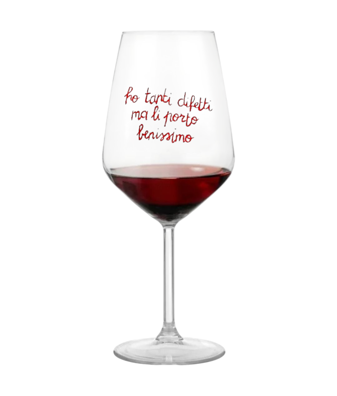 Calice da vino scritta divertente "ho tanti difetti ma li porto benissimo" rosso