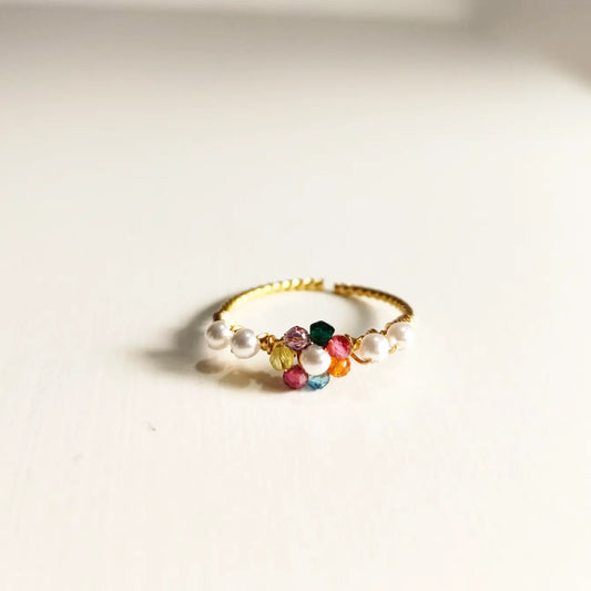 SODABIJOUX - Steel ring - 1 flower color beads