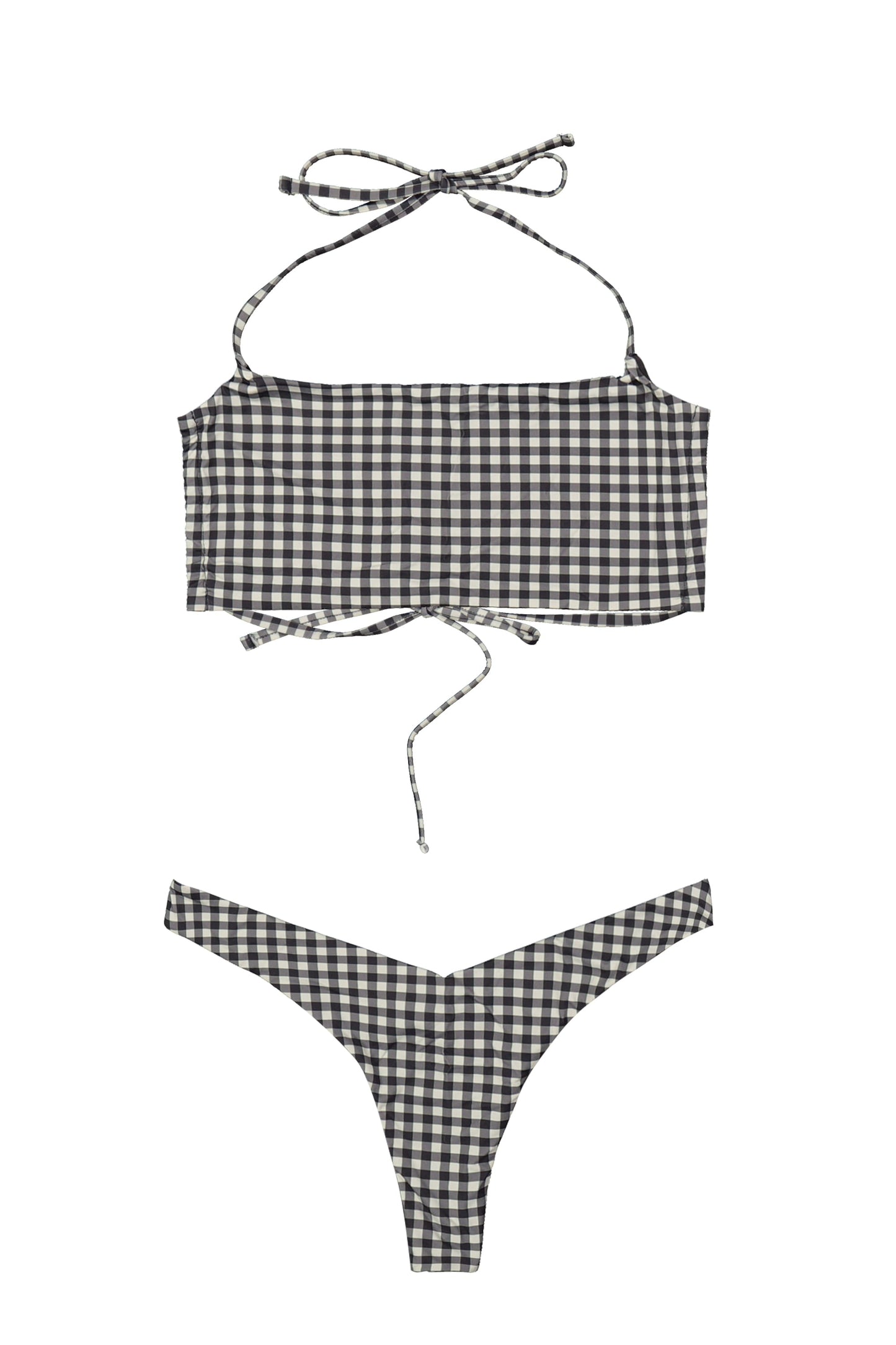 Costume a fascia con fantasia vichy, laccetti sul collo e sulla schiena e slip sgambato.