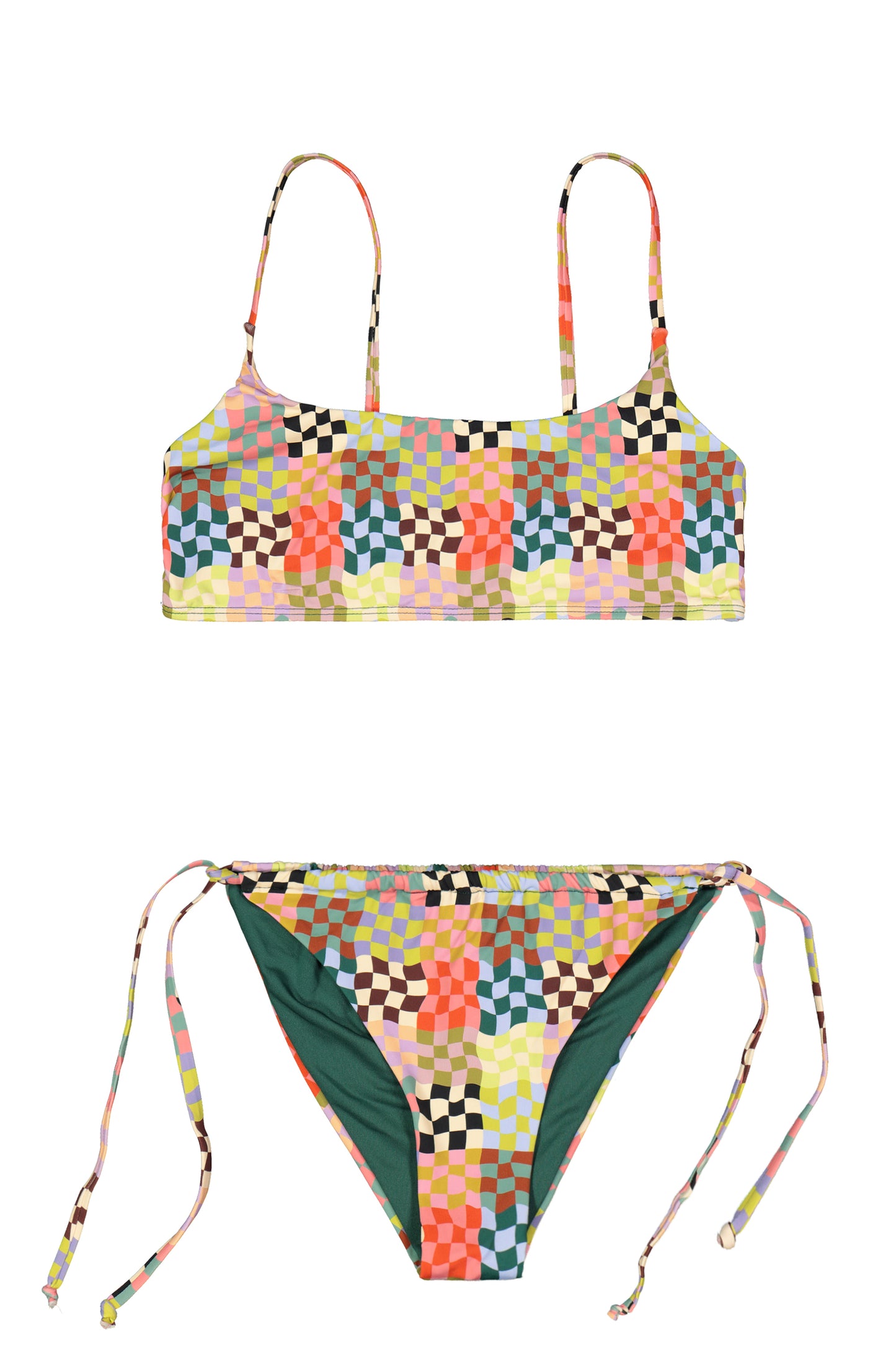 Bikini fantasia check multicolore con top a fascia, bretelle sottili e slip con coulisse regolabile.