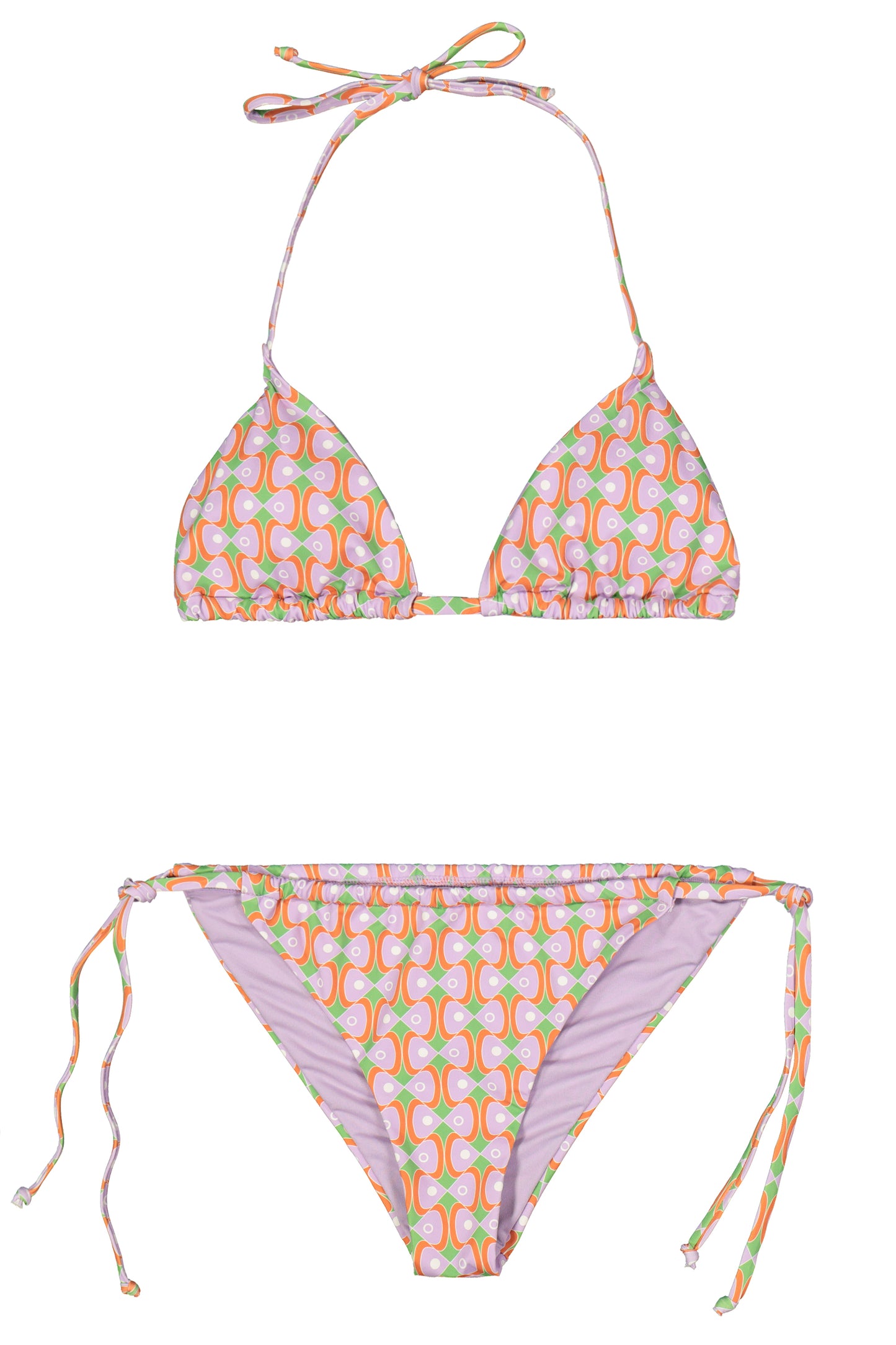 Bikini fantasia geometrica con top a traingolo e slip con coulisse regolabile.