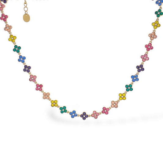 SODABIJOUX - Collana girocollo tennis fiori acciaio base oro e pietre colorate