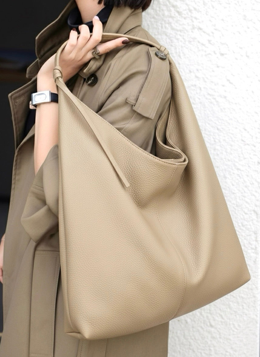 Borsa sacca a spalla con zip vera pelle - beige