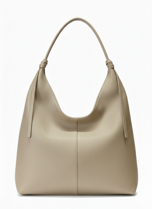 Borsa sacca a spalla con zip vera pelle - beige