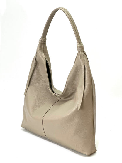 Borsa sacca a spalla con zip vera pelle - beige