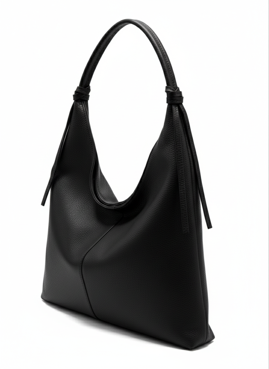 Borsa sacca a spalla con zip vera pelle - nera
