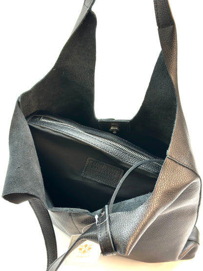 Borsa shopper a spalla vera pelle - nera