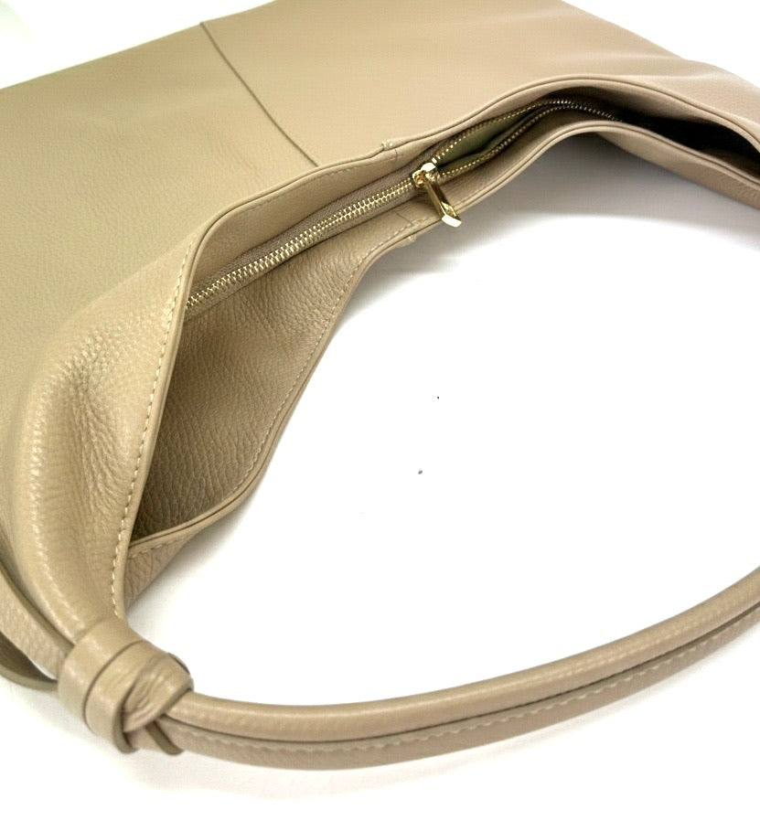 Borsa sacca a spalla con zip vera pelle - beige