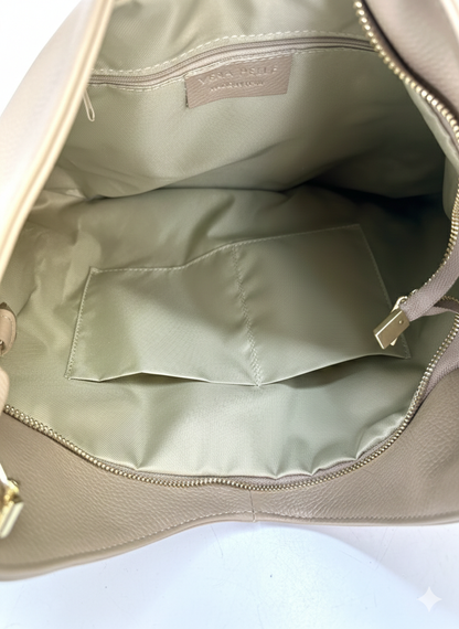 Borsa sacca a spalla con zip vera pelle - beige