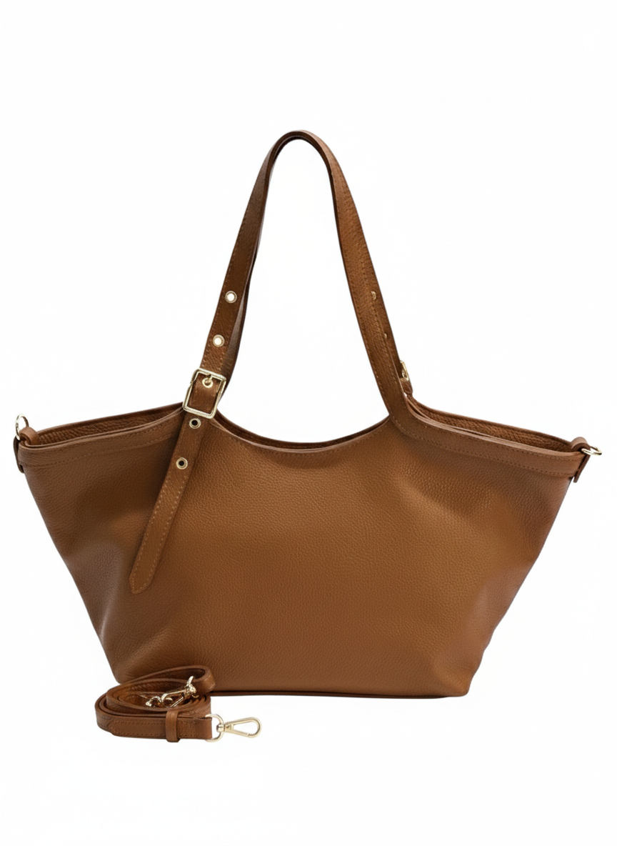 Borsa maxi shopper a spalla e tracolla vera pelle - cuoio