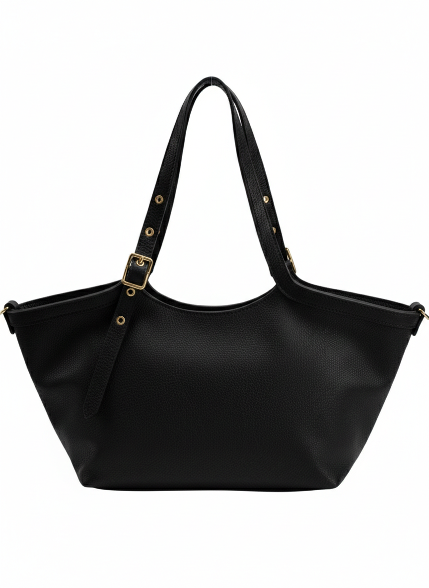 Borsa maxi shopper a spalla e tracolla vera pelle - nera