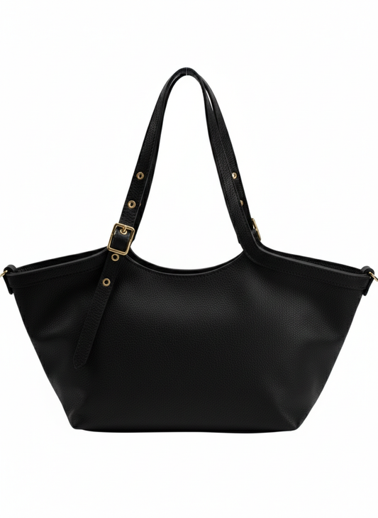 Borsa maxi shopper a spalla e tracolla vera pelle - nera
