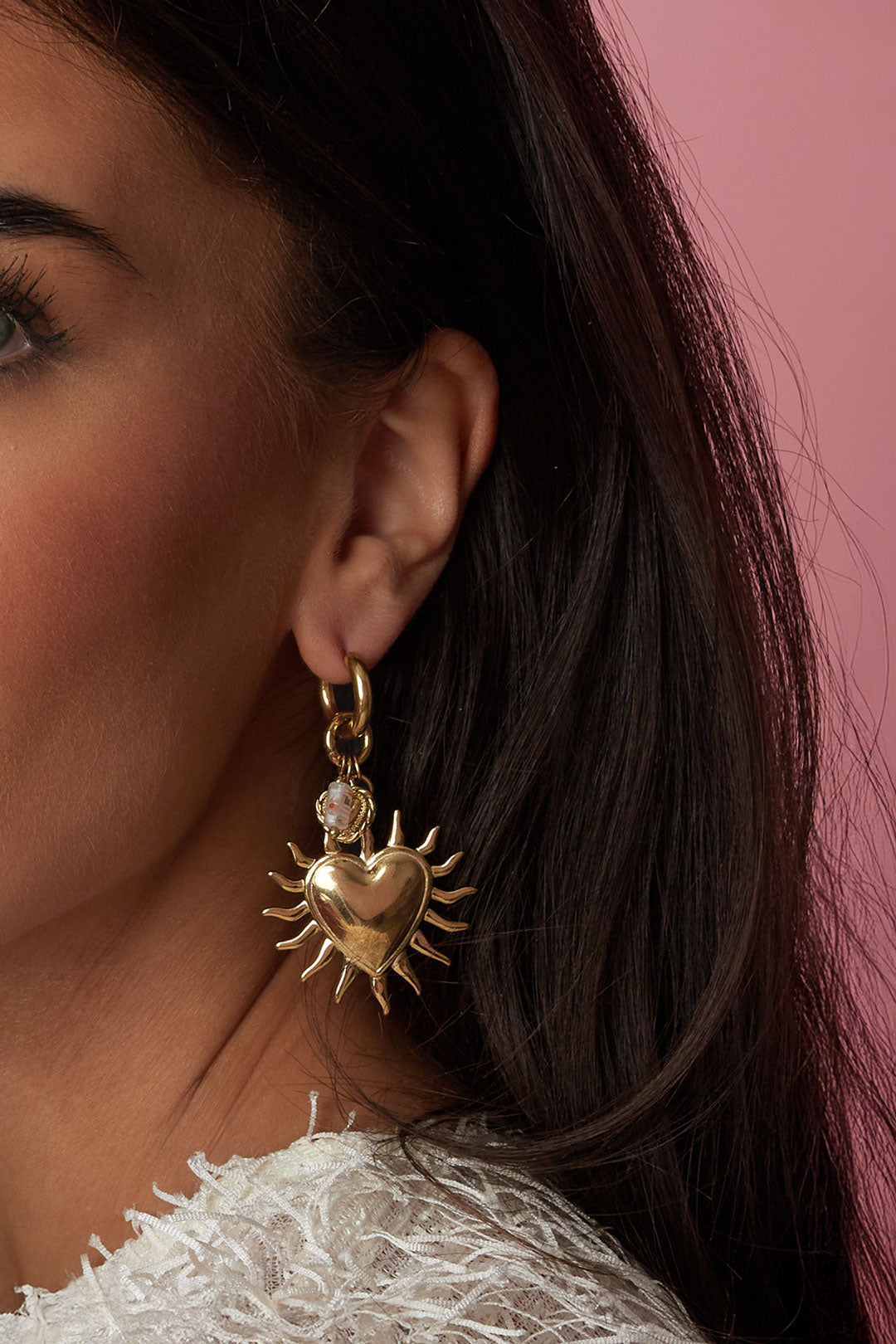 Earrings with sun heart and bead pendant