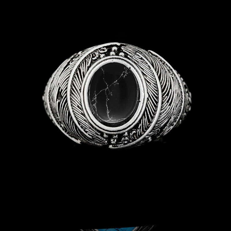 SODA - OVAL STONE FEATHER RING aged silver