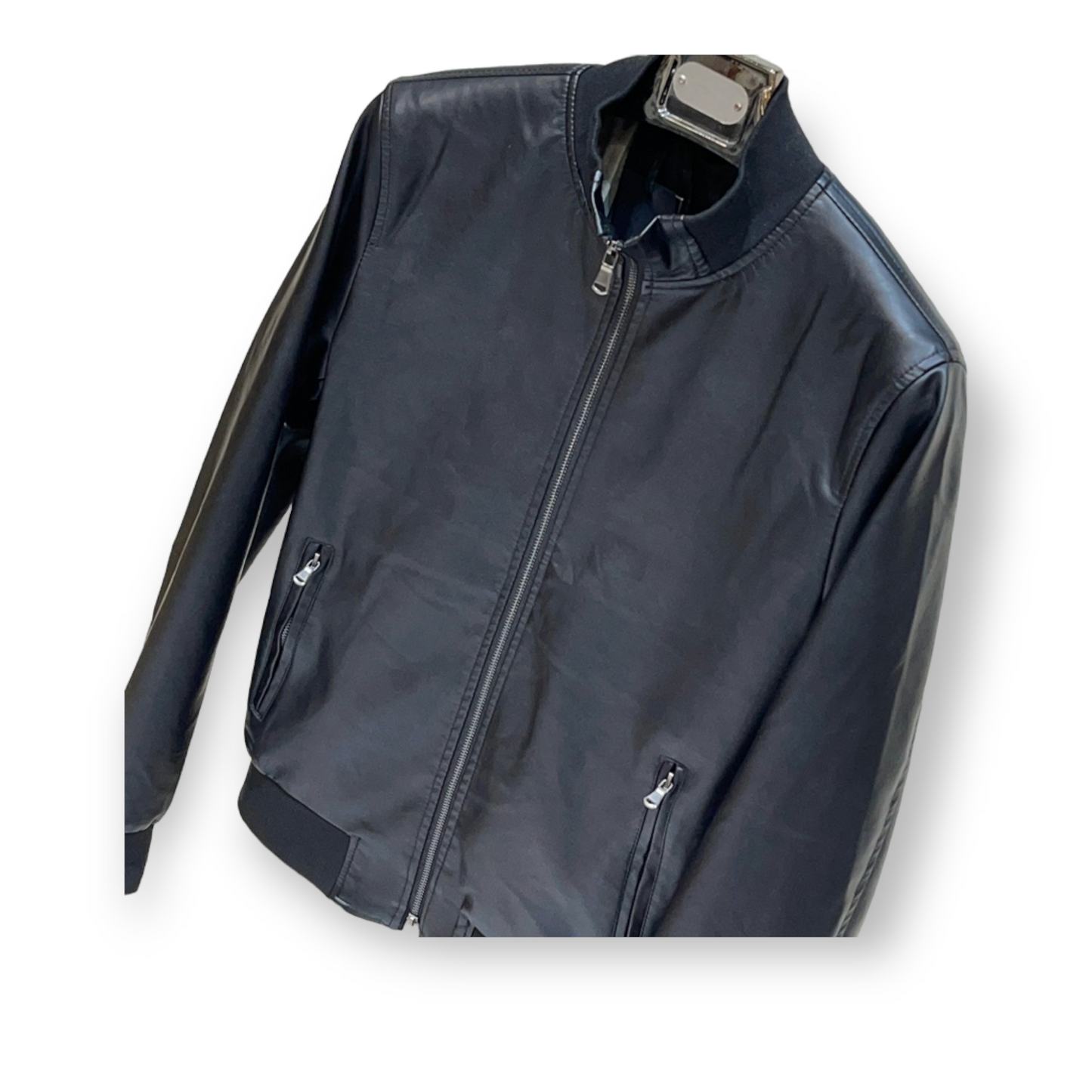 Black faux leather bomber jacket